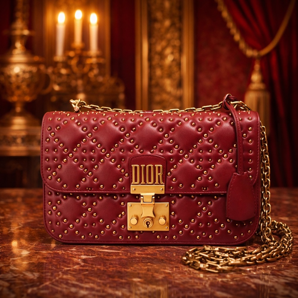 Dior Dioraddict Red Quilted Shoulder Bag with Gold Chain & Studded Accents